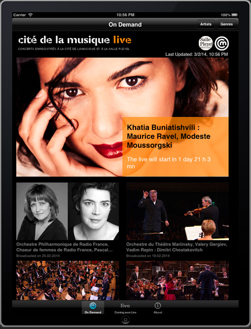 Page d’accueil de l’application iPad Cité de la Musique Live