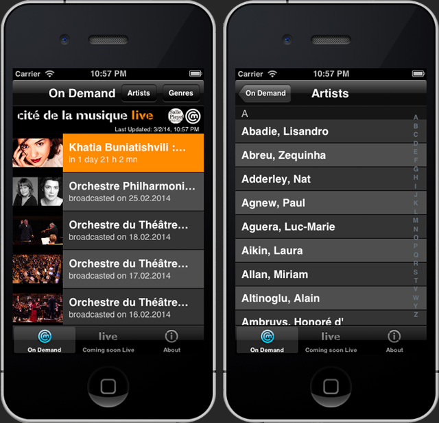 Page d’accueil de l’application iPhone Cité de la Musique Live