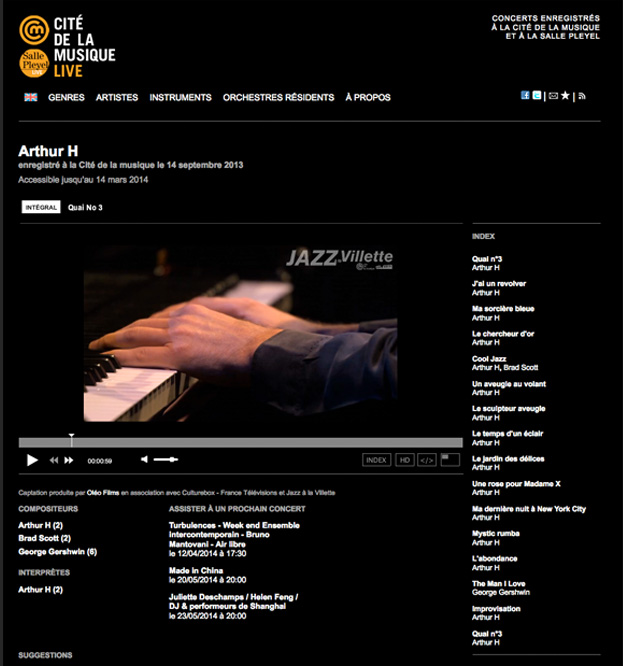 Page du site citedelamusiquelive.tv présentant le concert de Arthur H