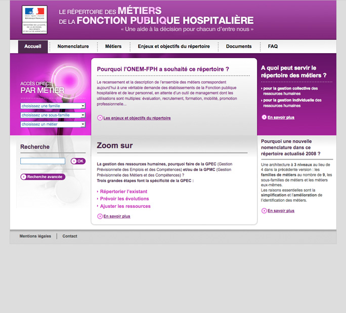 Page d’accueil du Répertoire des Métiers de la Fonction Publique Hospitalière